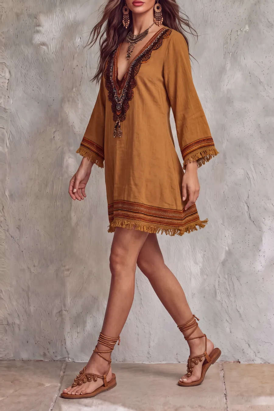 Plunge Neck Fringe Mini Dress