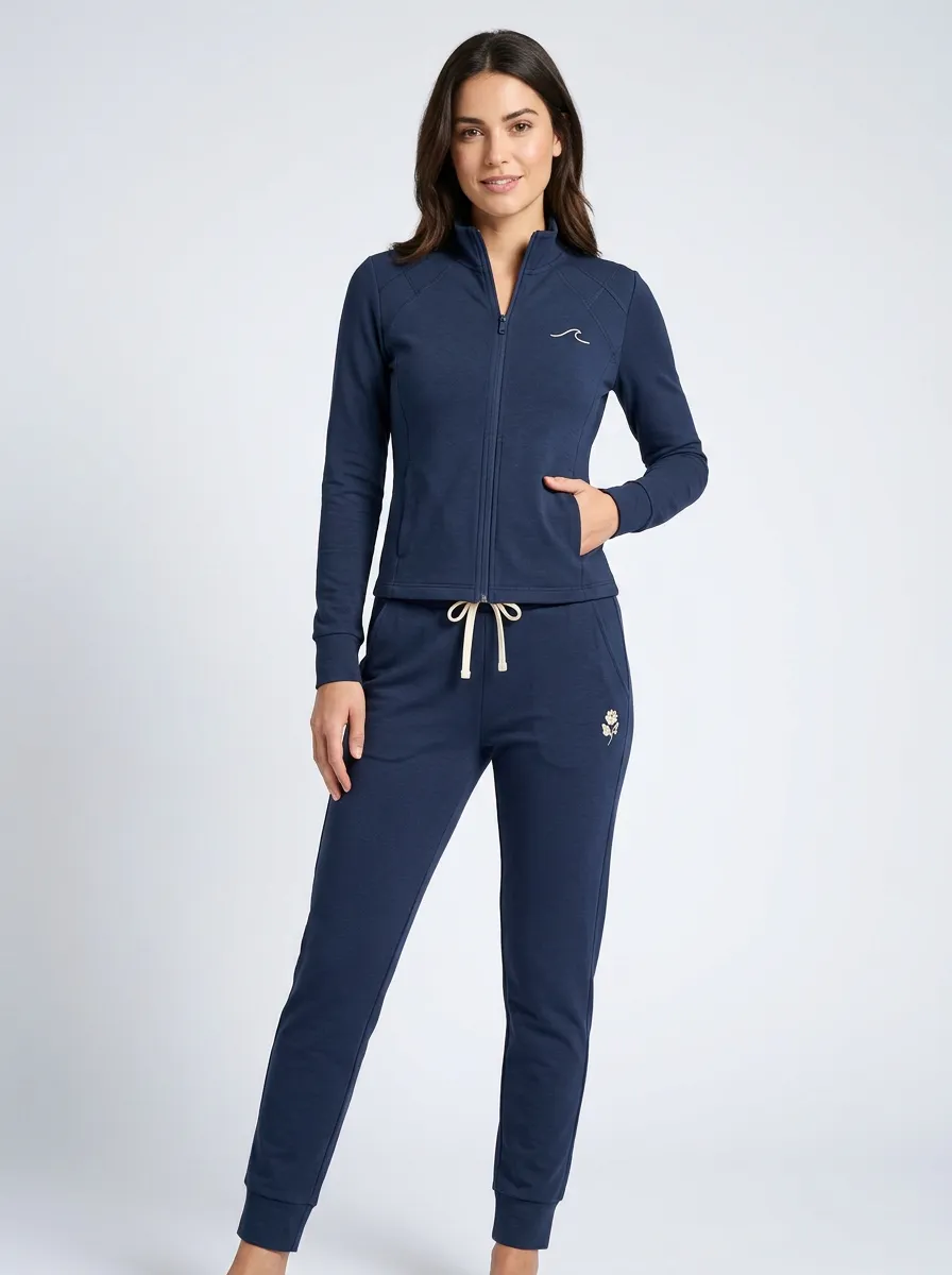 Women's Navy Blue Wave and Rose Embroidered Tracksuit Set