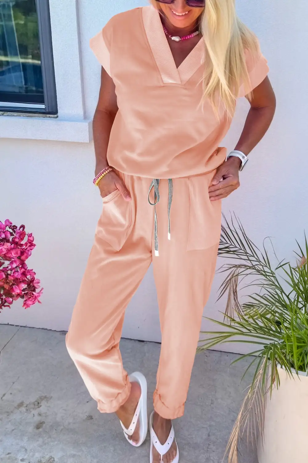Solid Drawstring Cozy Everyday Lounge Set Comfort