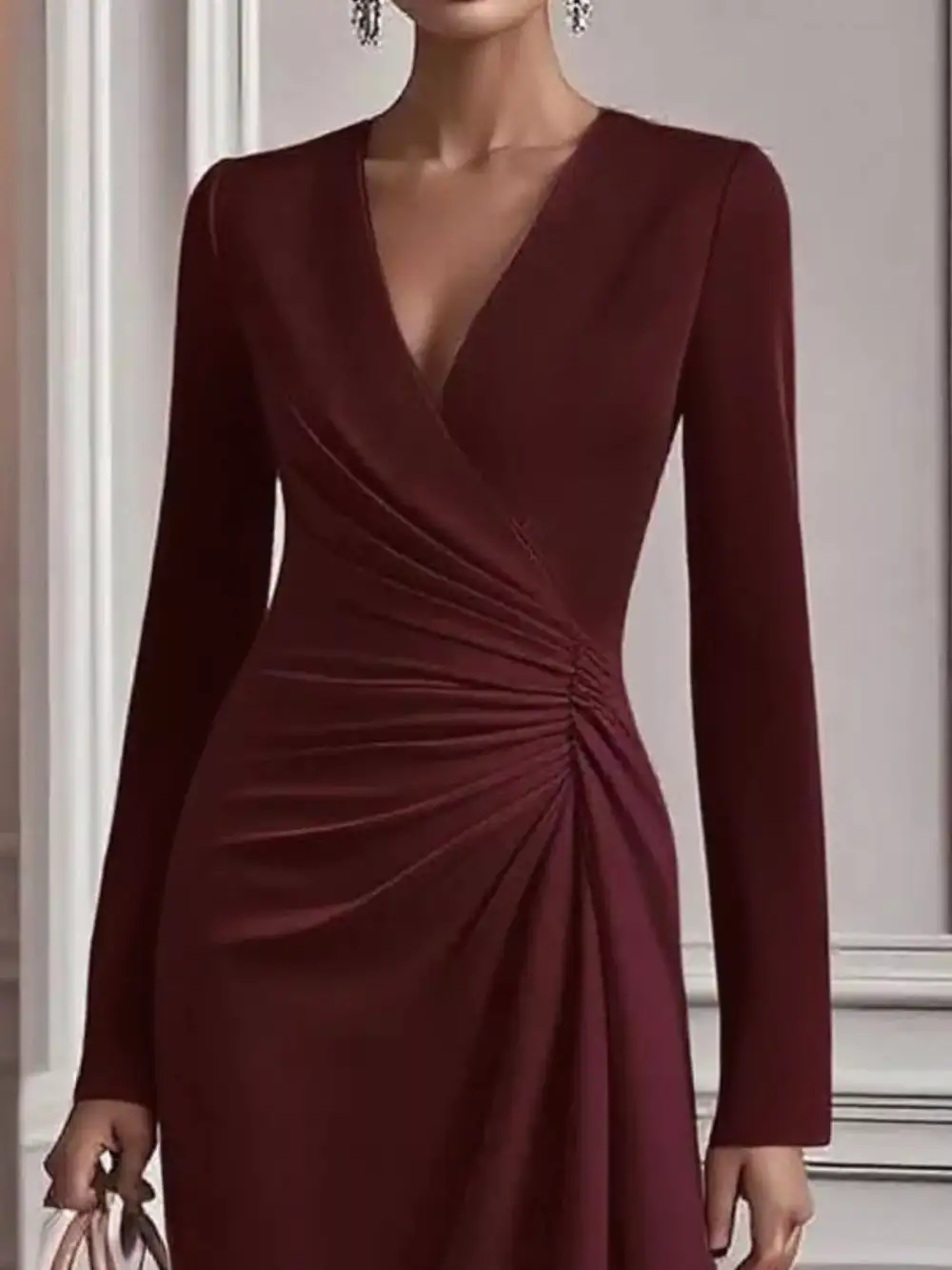 Gathered Detail Ruched Long Sleeve Mini Dress