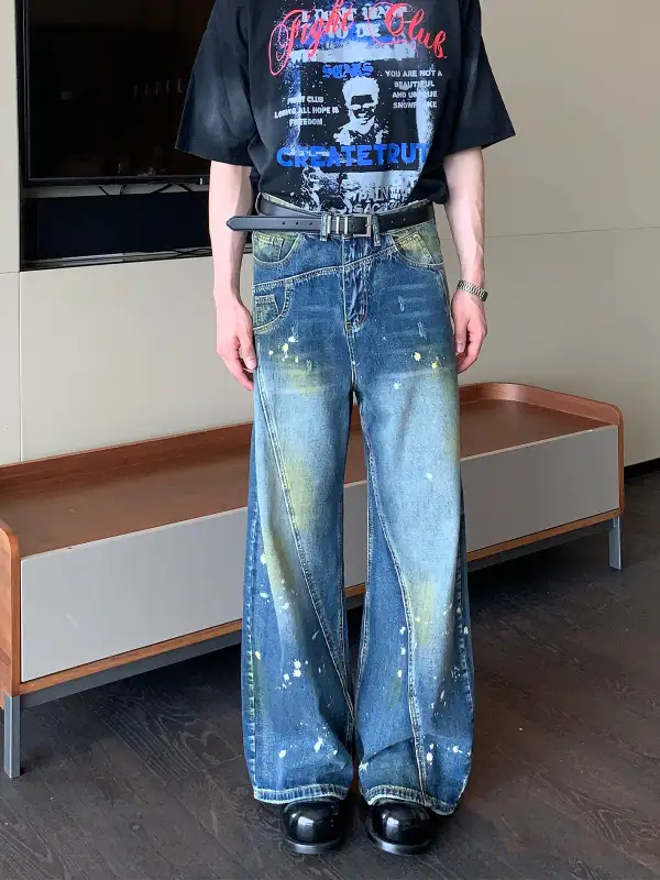 Paint-Splatter Wide-Leg Jeans