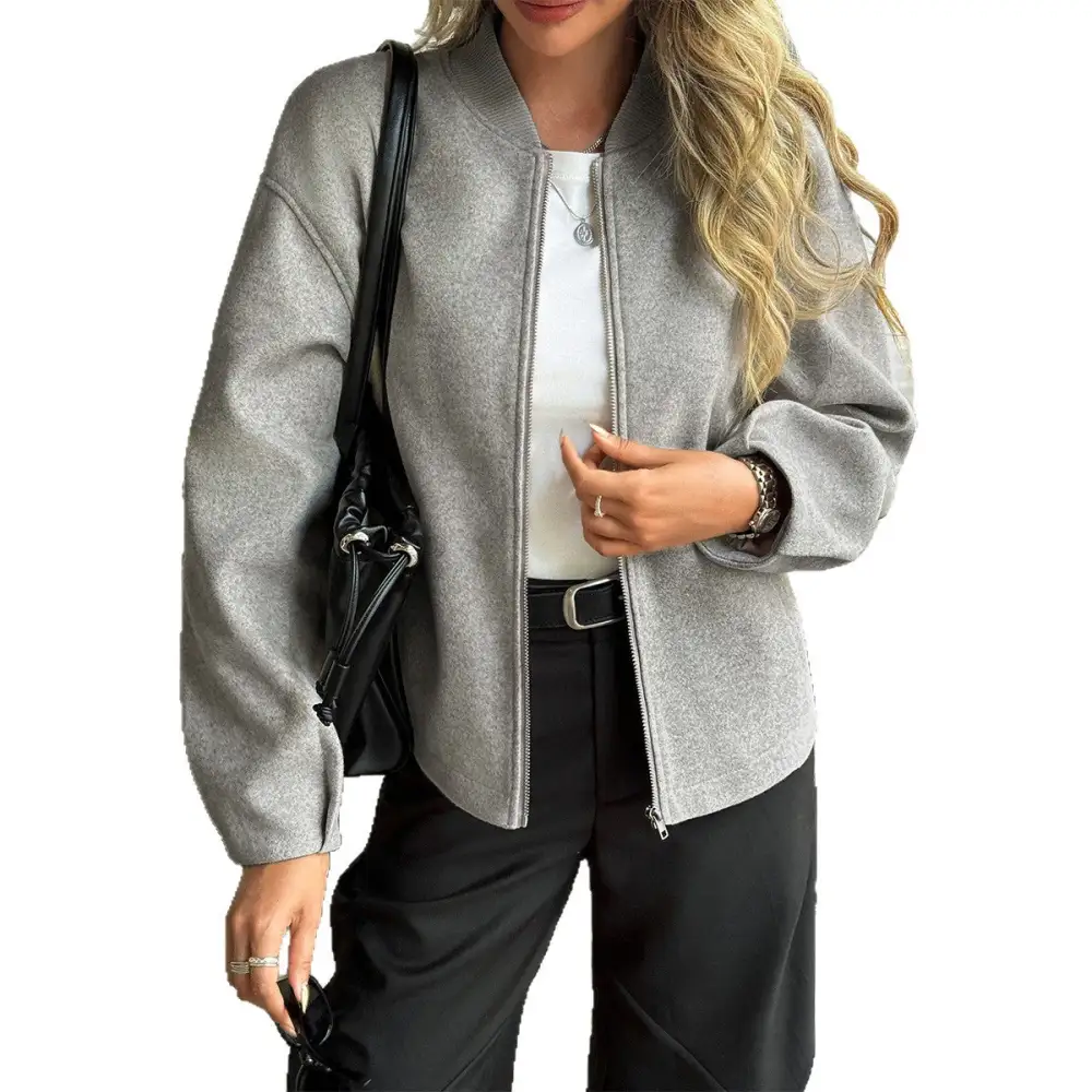 Oversized Relaxed Stand Collar Zip Front Bomber Jacket