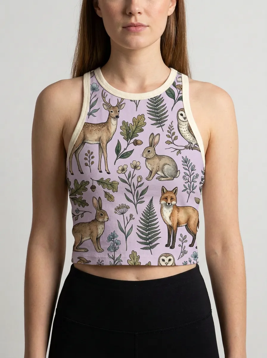 Women's Nature Woodland Animal Graphic Ribbed Crop Tank Top