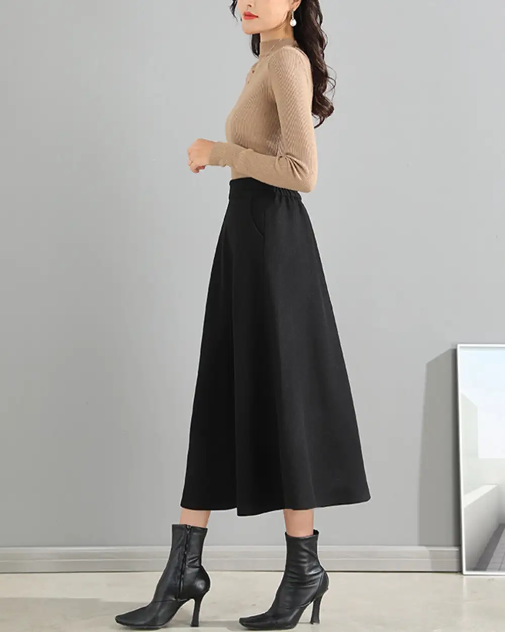 Pocketed Wool A Line Maxi Skirt