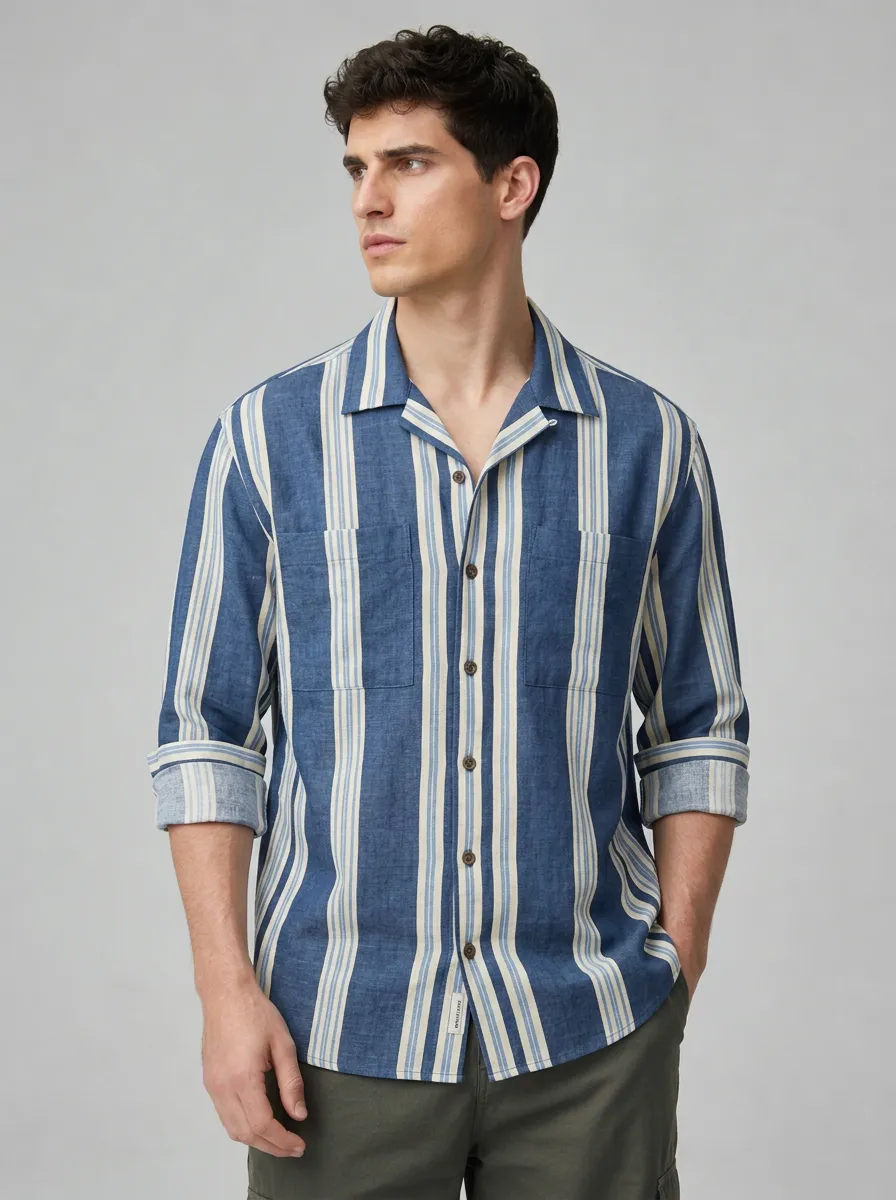Men's Casual Summer Blue Striped Breathable Linen Shirt