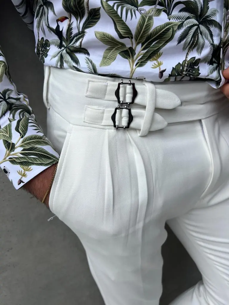 Slim Fit Pleated Buckle Detail Tailored Trousers