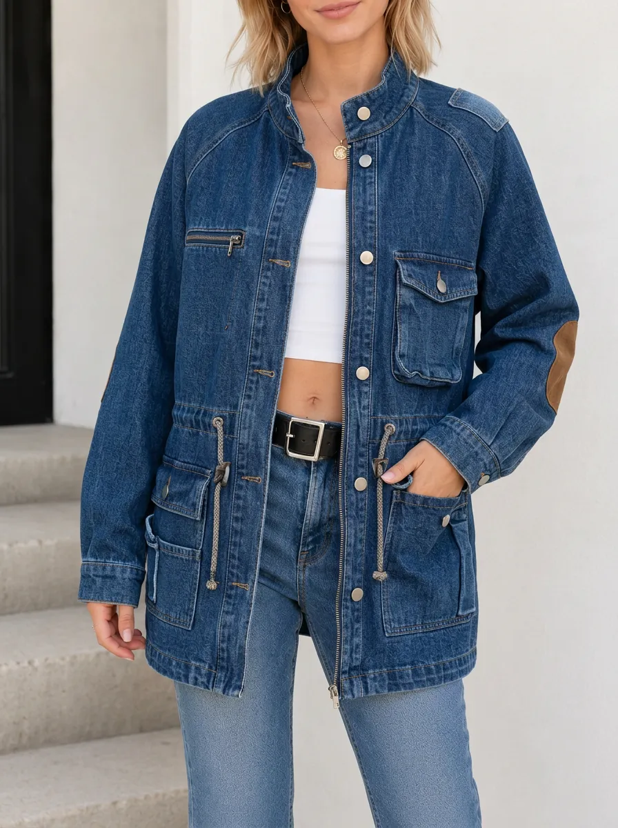 Women's Casual Utility Suede Patch Denim Jacket