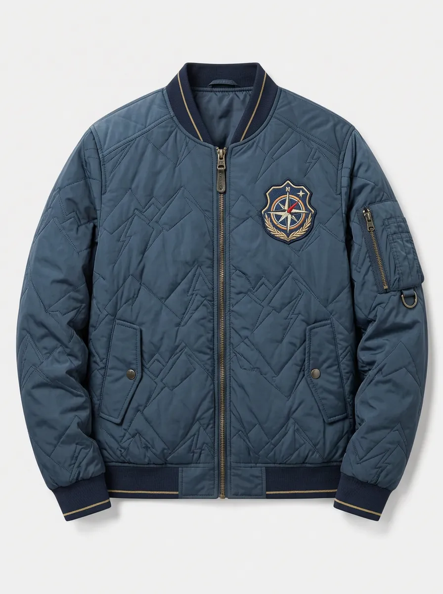 Men's Nautical Compass Emblem Quilted Printed Bomber Jacket