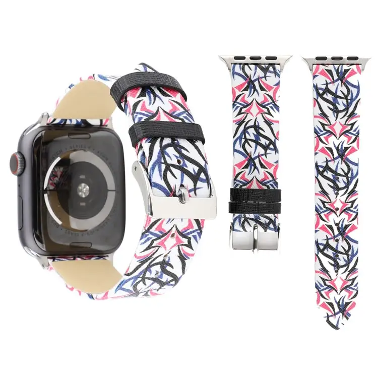 Thorns Printing Genuine Leather Watch Band for Watch Series 10 42 mm / 9 & 8 & 7 41 mm / SE 3 & SE 2 & 6 & SE & 5 & 4 40 mm / 3 & 2 & 1 38 mm - Rose Red