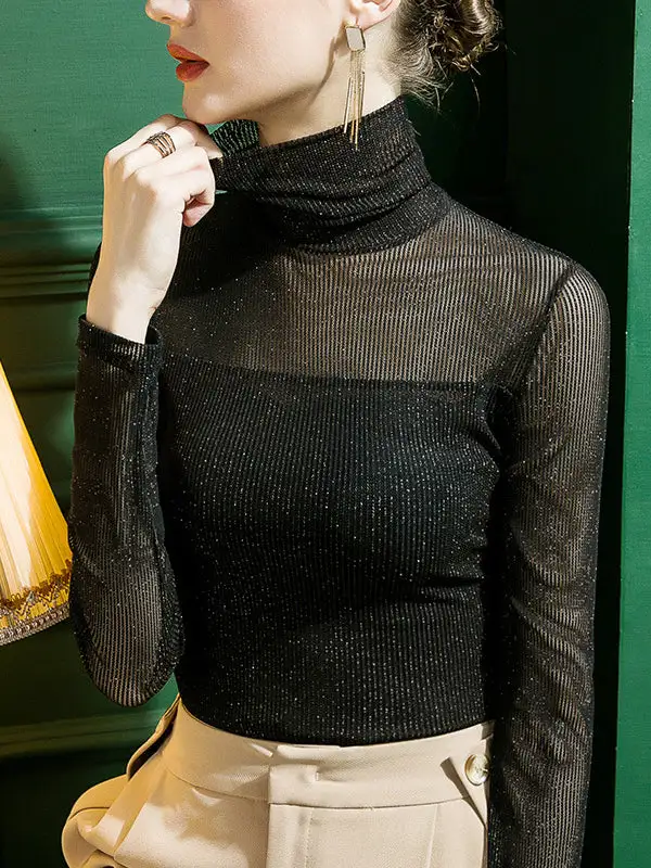 Long Sleeve Curve Fit Sheer Sequined Panel Detail High Neck T-Shirt