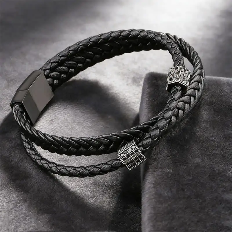 Leather Hand Woven Braided Titanium Steel Multi Bracelet