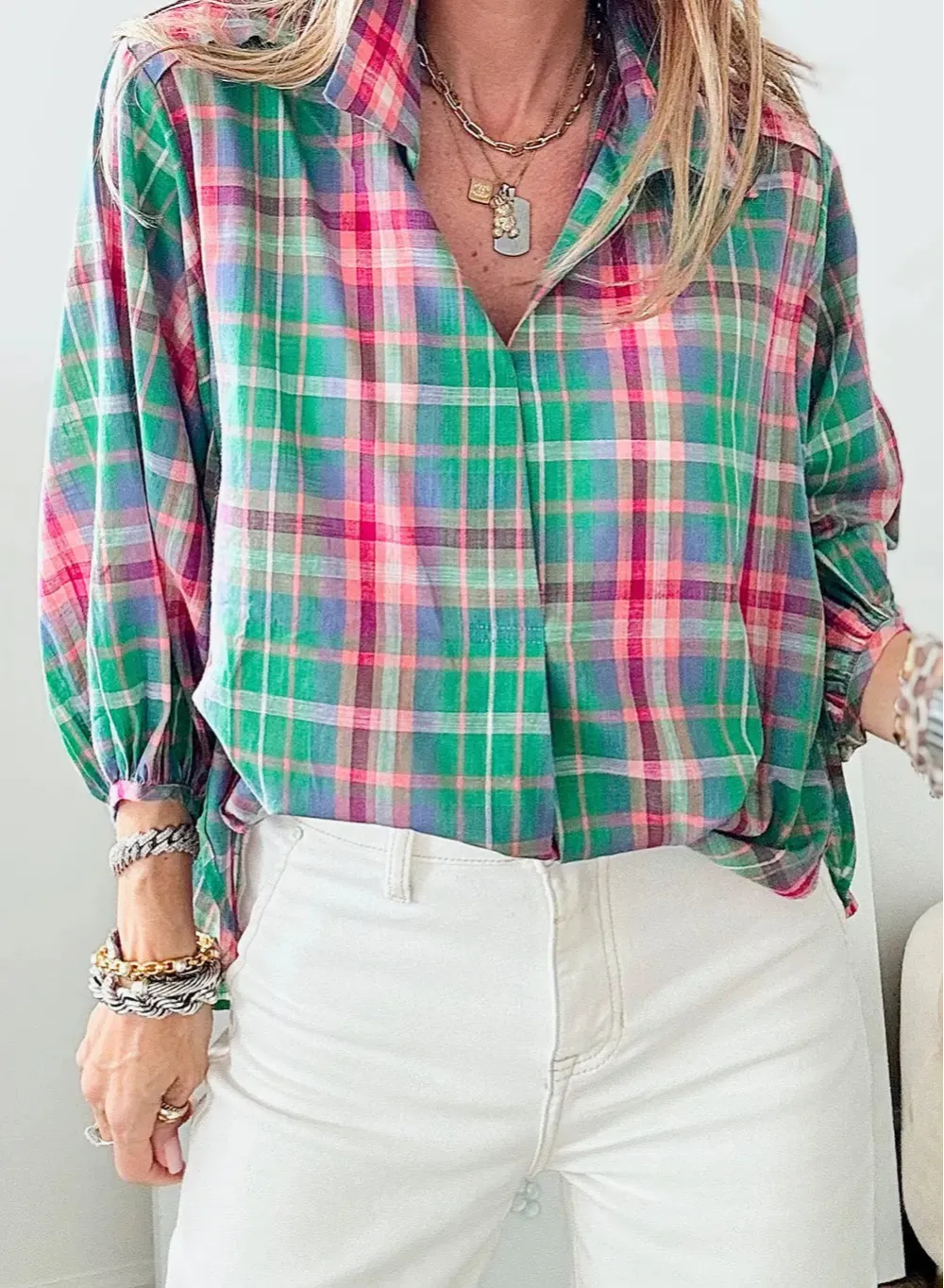 Plaid Collared Relaxed Fit Shirt Blouse