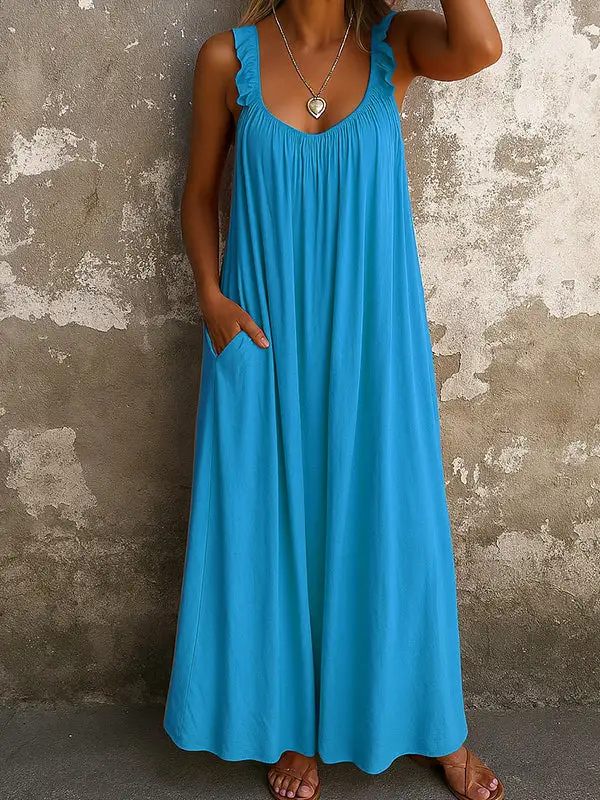 Pleated Ruffled Neck Maxi Dress