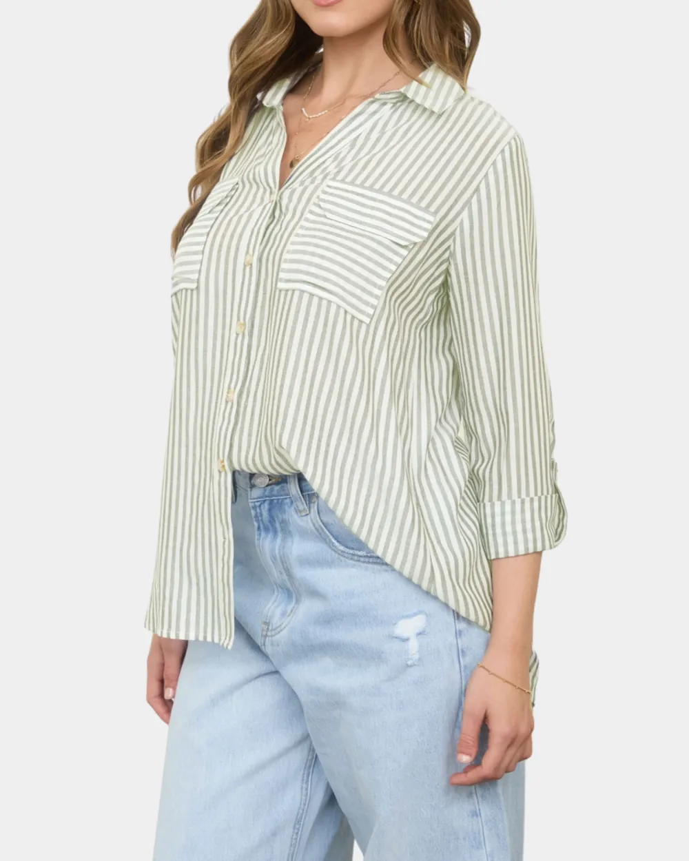 Stripe Button Front Top - Light