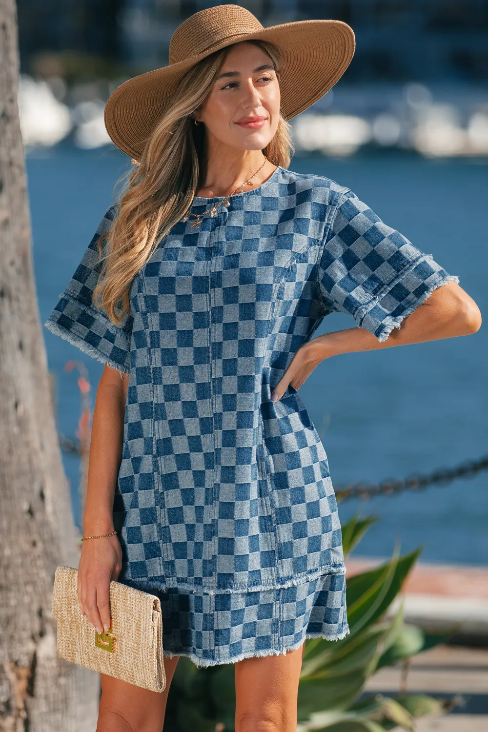 Blue Checkered Denim Mini Dress
