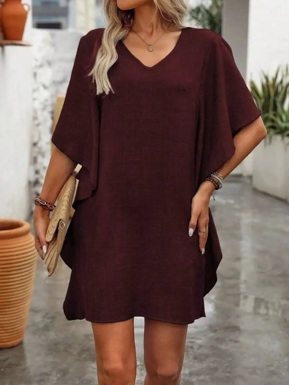 V Neck Ruffle Flutter Sleeve Mini Dress