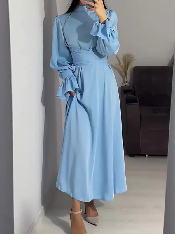 Sleeves Color Pleated Long Neck Maxi Dress