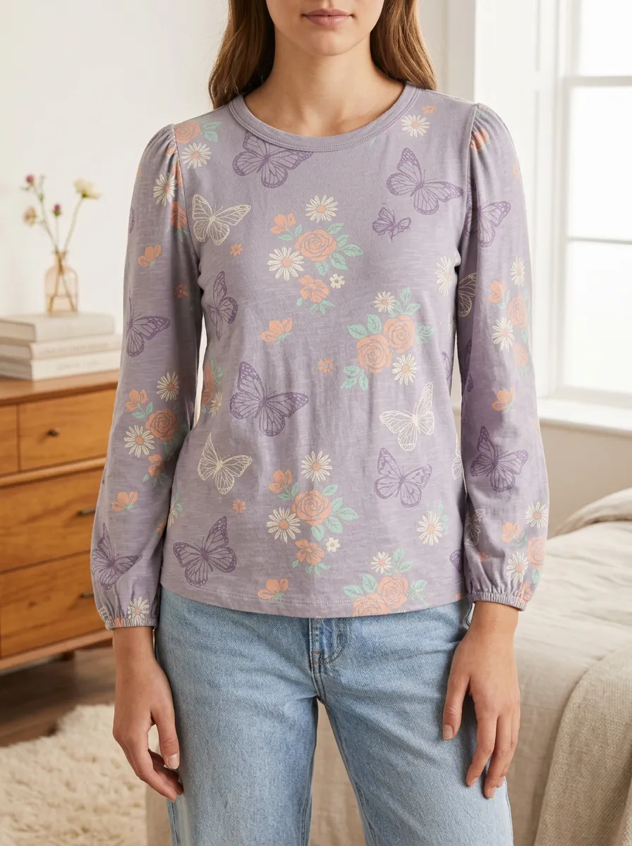 Women's Easygoing Sweet Style Butterfly Floral Printed Long Sleeve T-shirt
