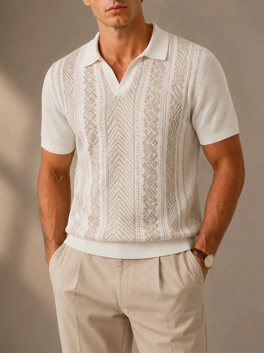 Men's Geometric Pattern Knit Polo Shirt with Pullover Design