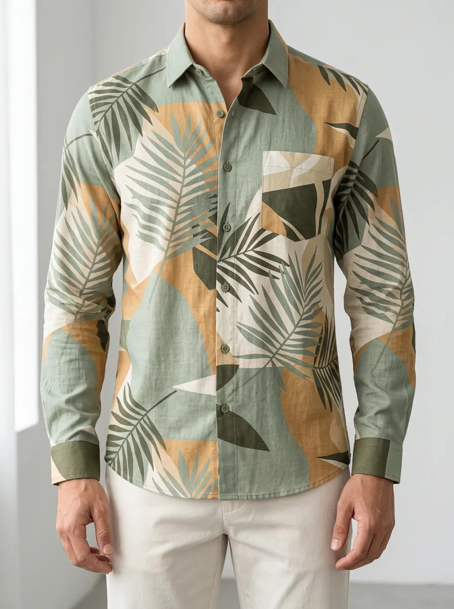 Men's Botanical and Abstract Print Detail Button Shirt