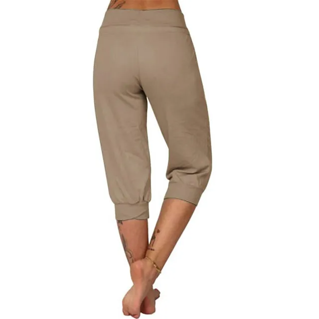 Women's Yoga Pants Drawstring with Pockets Cropped Tummy Control High Waist Yoga Fitness Gym Workout Capri Pants Bottoms Dark Grey Navy Apricot Spandex Sports Activewear High Elasticity Loose Fit