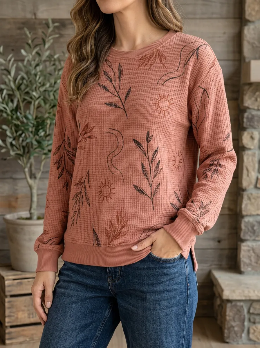 Women's Boho Sun Leaf Printed Waffle Knit Sweatshirt