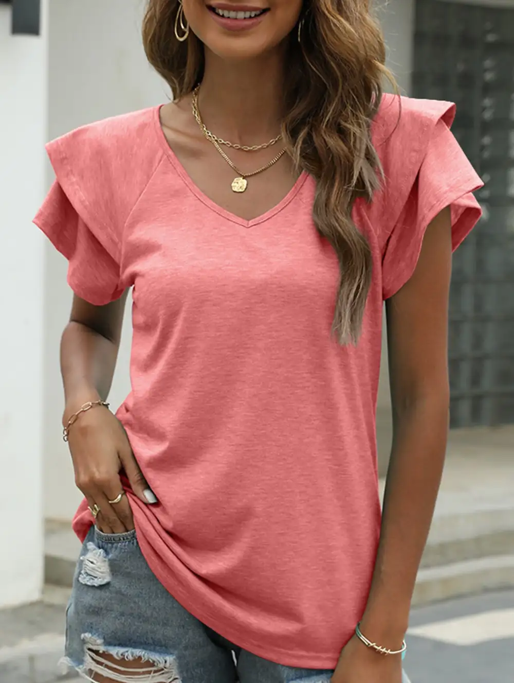 V Neck Double Layer Ruffle Sleeve Tank Top