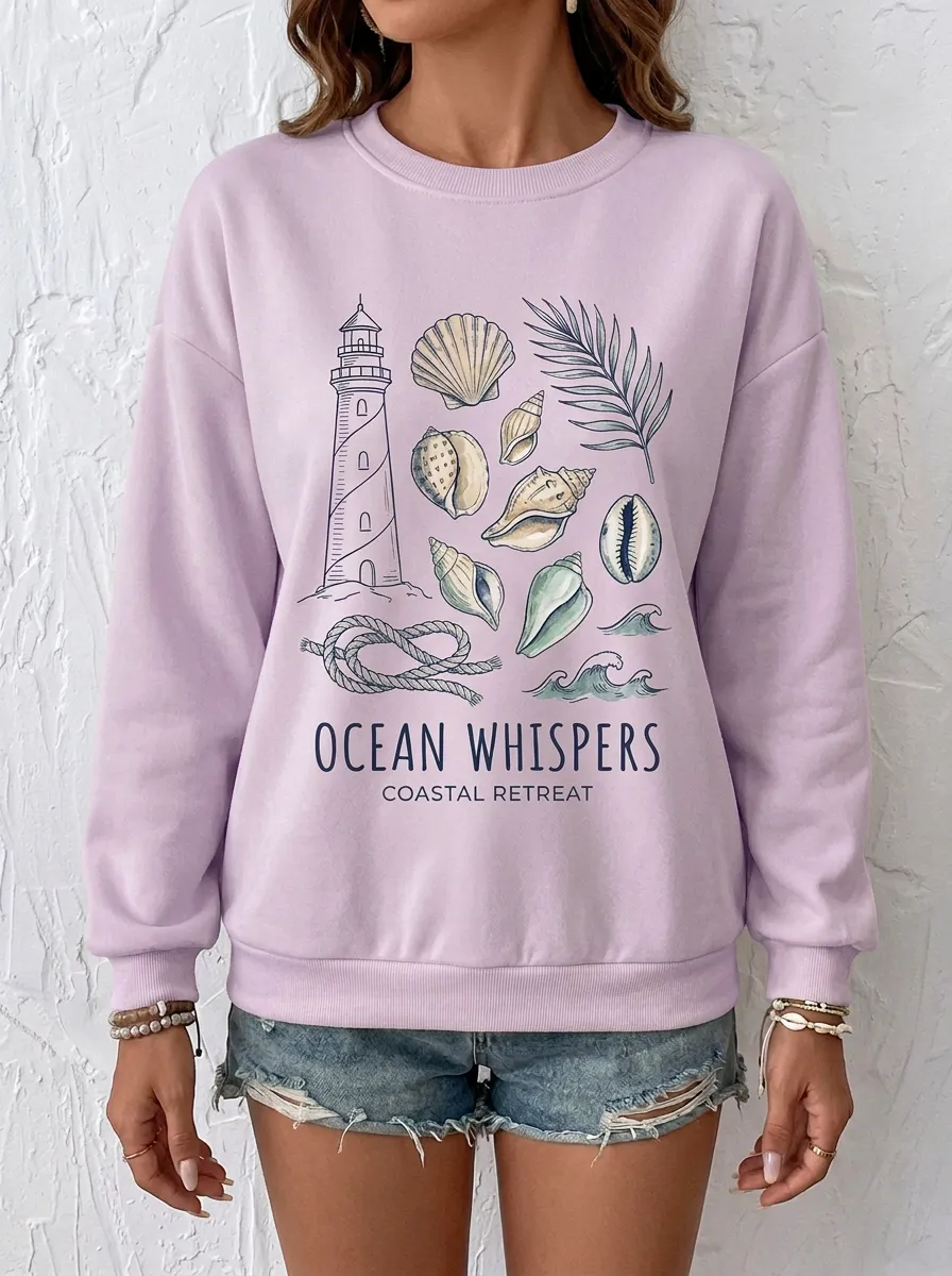 Women's Coastal Ocean Lighthouse Seashell Graphic Sweatshirt