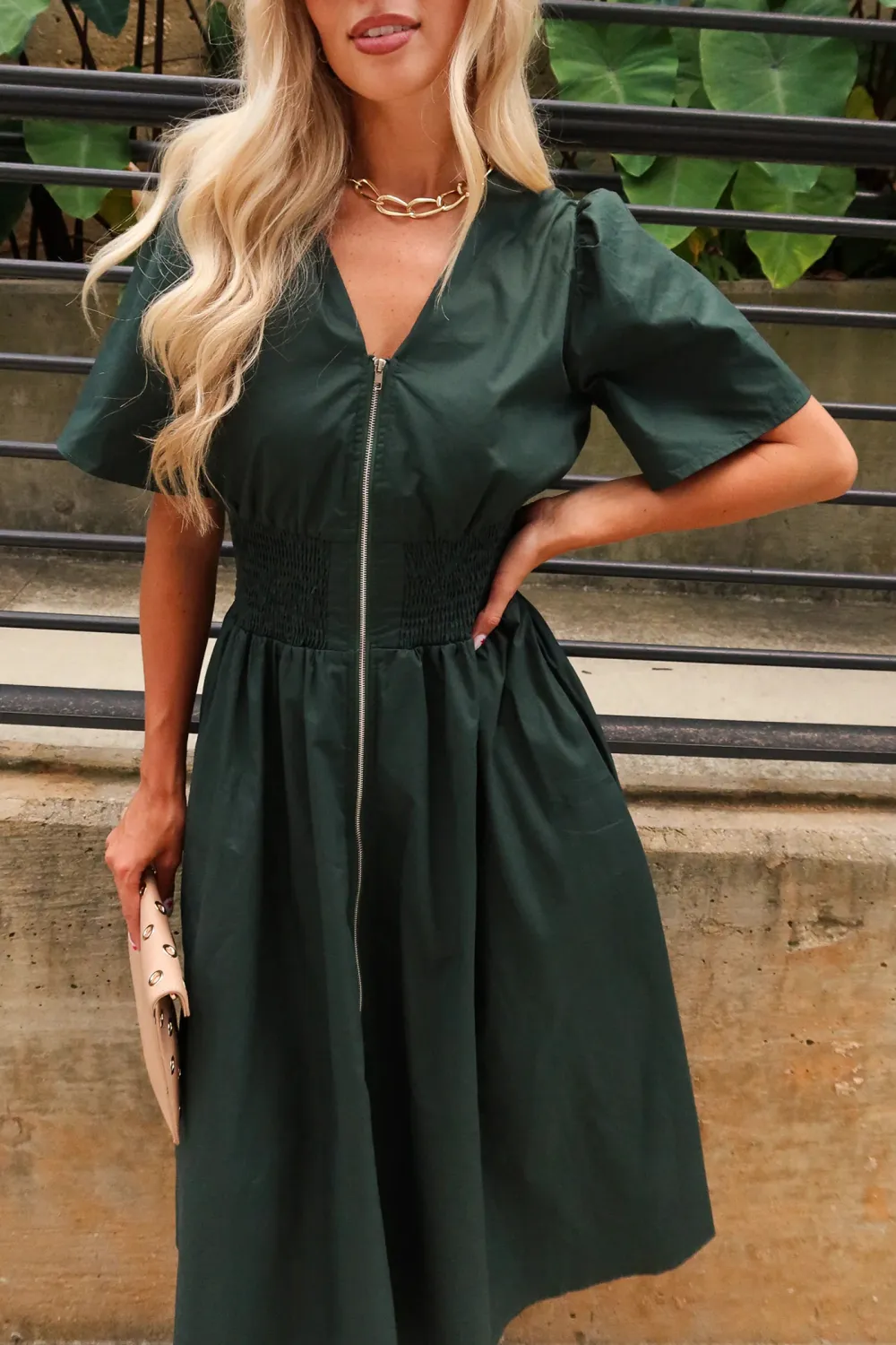 V-Neck Short Sleeve Midi Dress