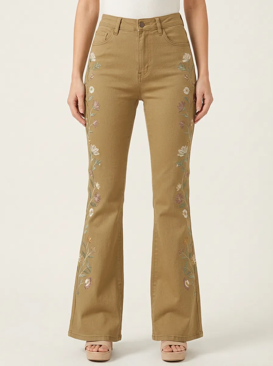 Women's Western-Inspired Medium Wash Floral Embroidery High-Rise Flare Jeans