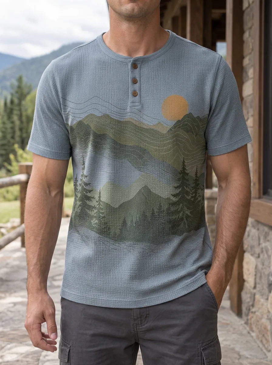 Men's Expressive Nature Lover Mountain Forest Sunset Henley T-Shirt