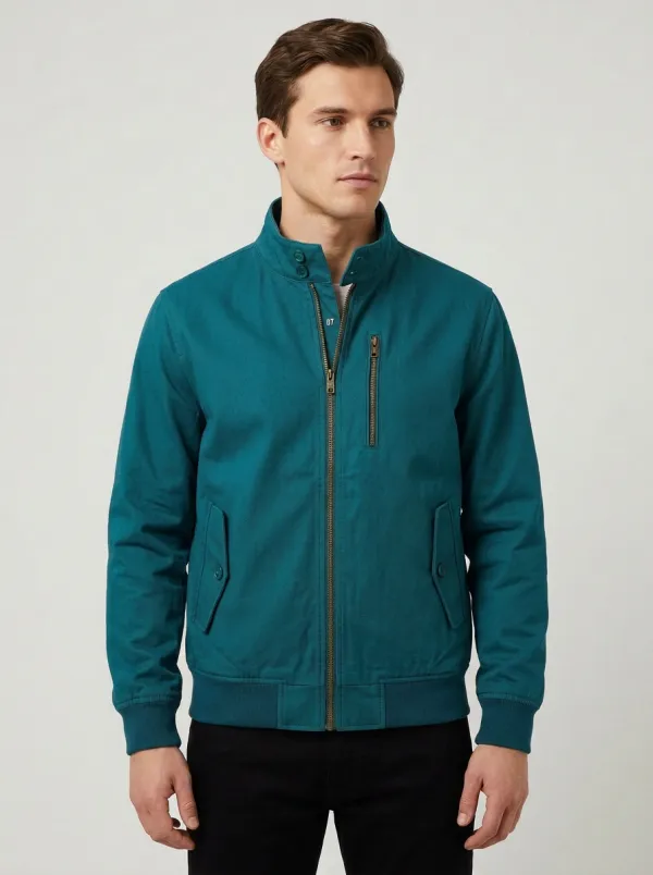 Men's Military Style Olive Green Zip-Up Bomber Jacket