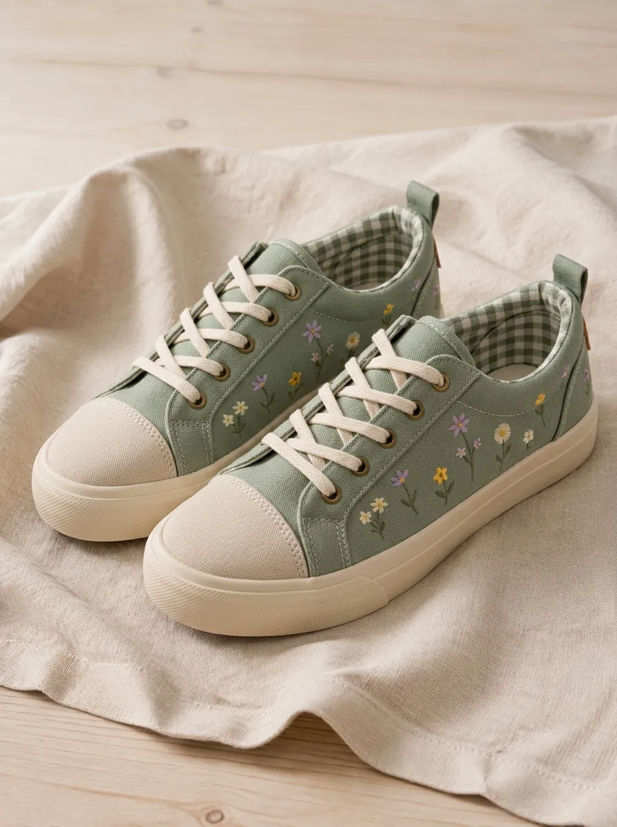 Women's Floral Lover Sage Green Gingham Printed Canvas Sneakers
