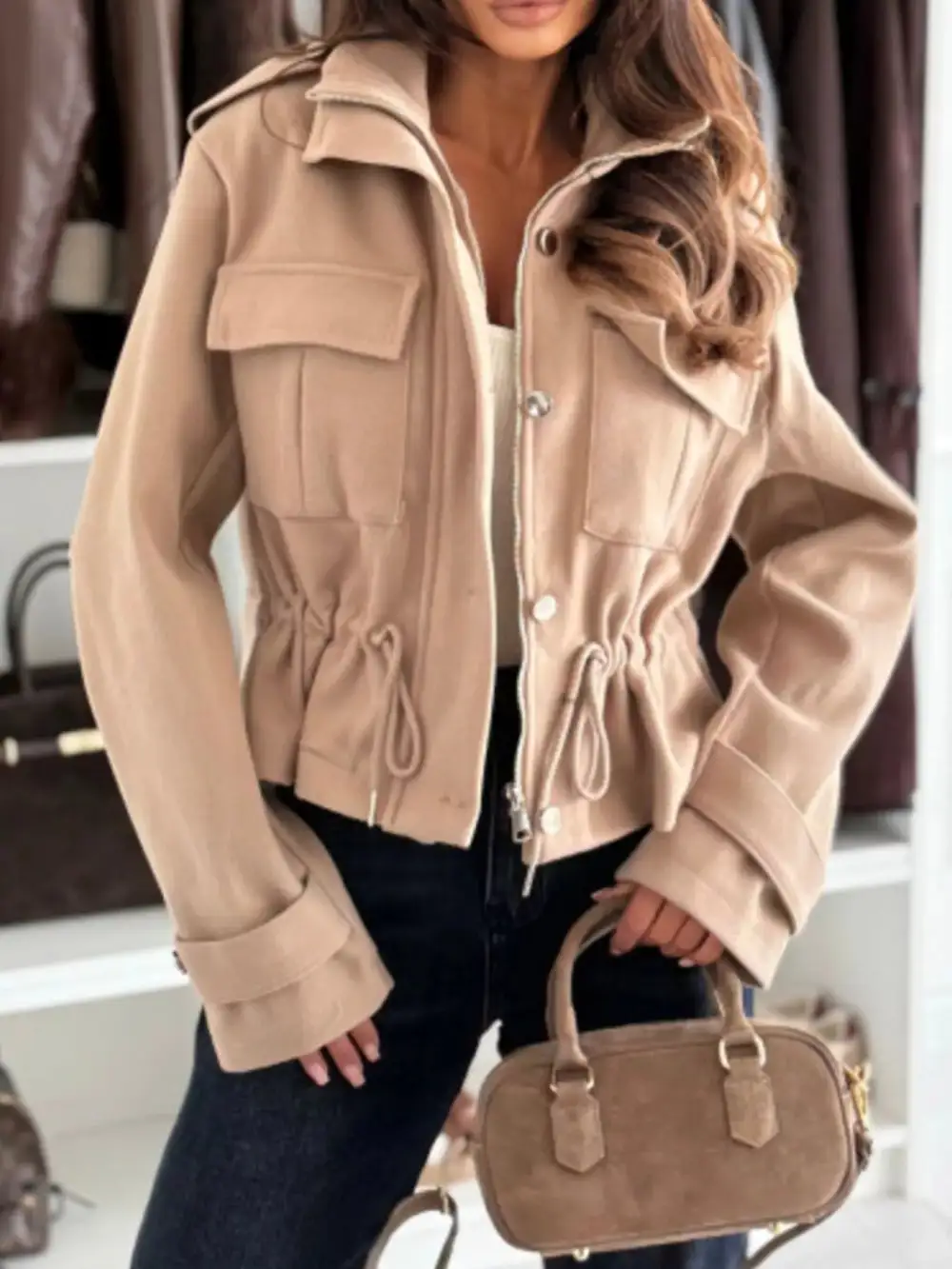 Drawstring Button-up Casual Jacket