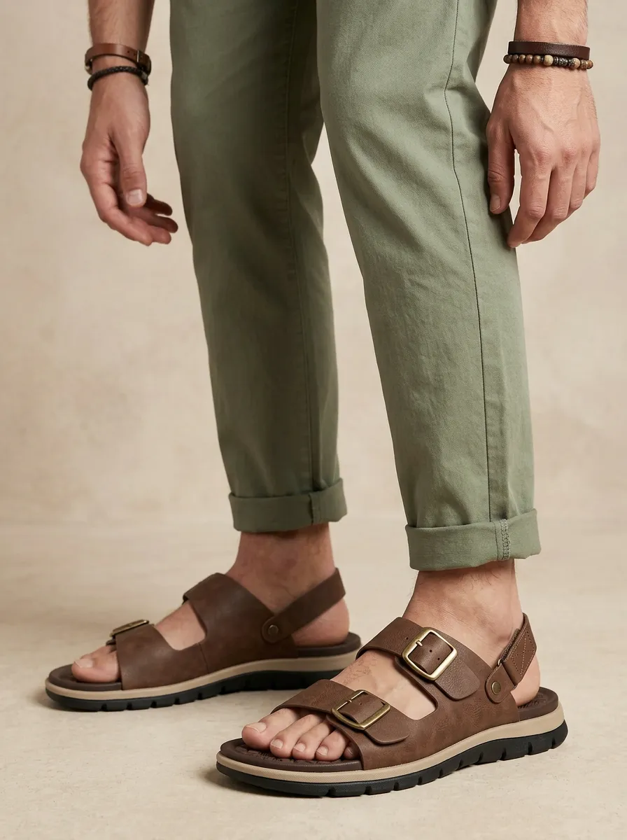 Men's Casual Brown Faux Leather Double Buckle Printed Sandals