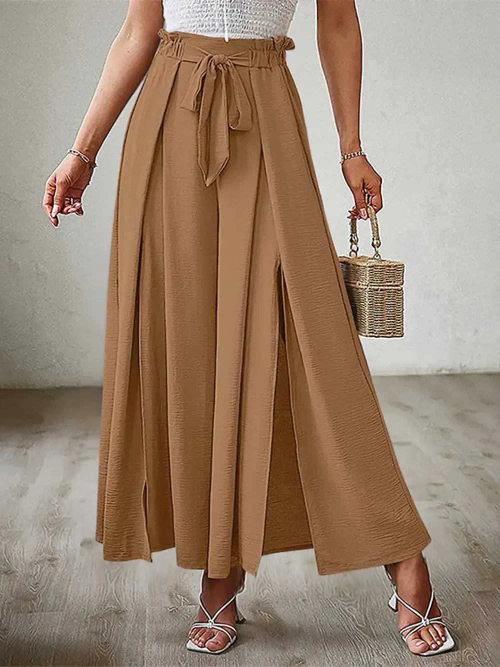 Wide Leg Tie Waist Slit Detail Casual Pants