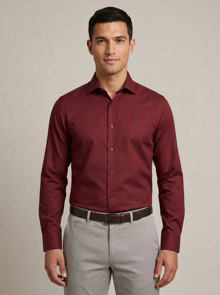 Men's Non-Iron Cotton Compass Embroidered Accent Dress Shirt