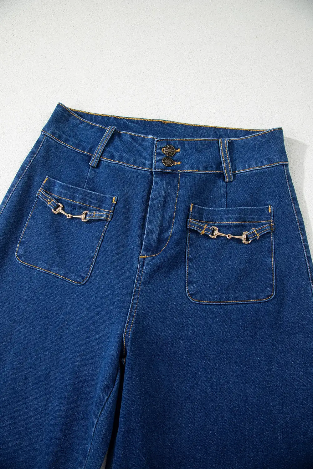 Women's Hardware Decor Patched Pockets Wide Leg Denim Pants