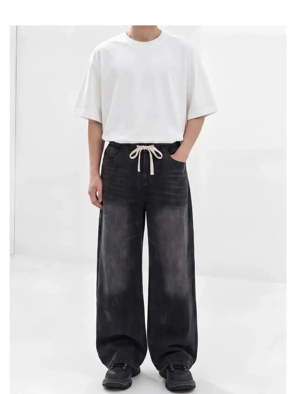 Distressed Drawstring Straight Leg Jeans