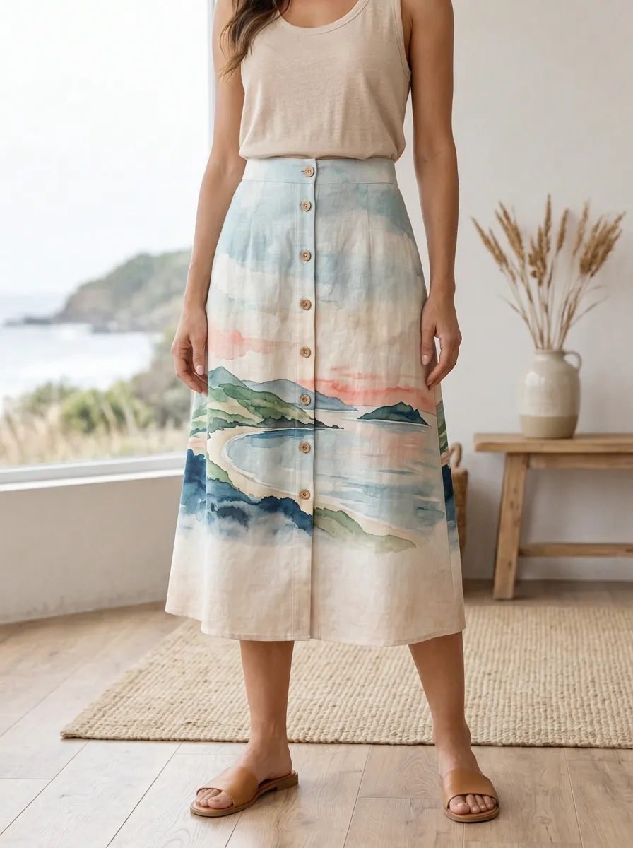 Women's Coastal Landscape Watercolor Printed Button-Down Midi Skirt