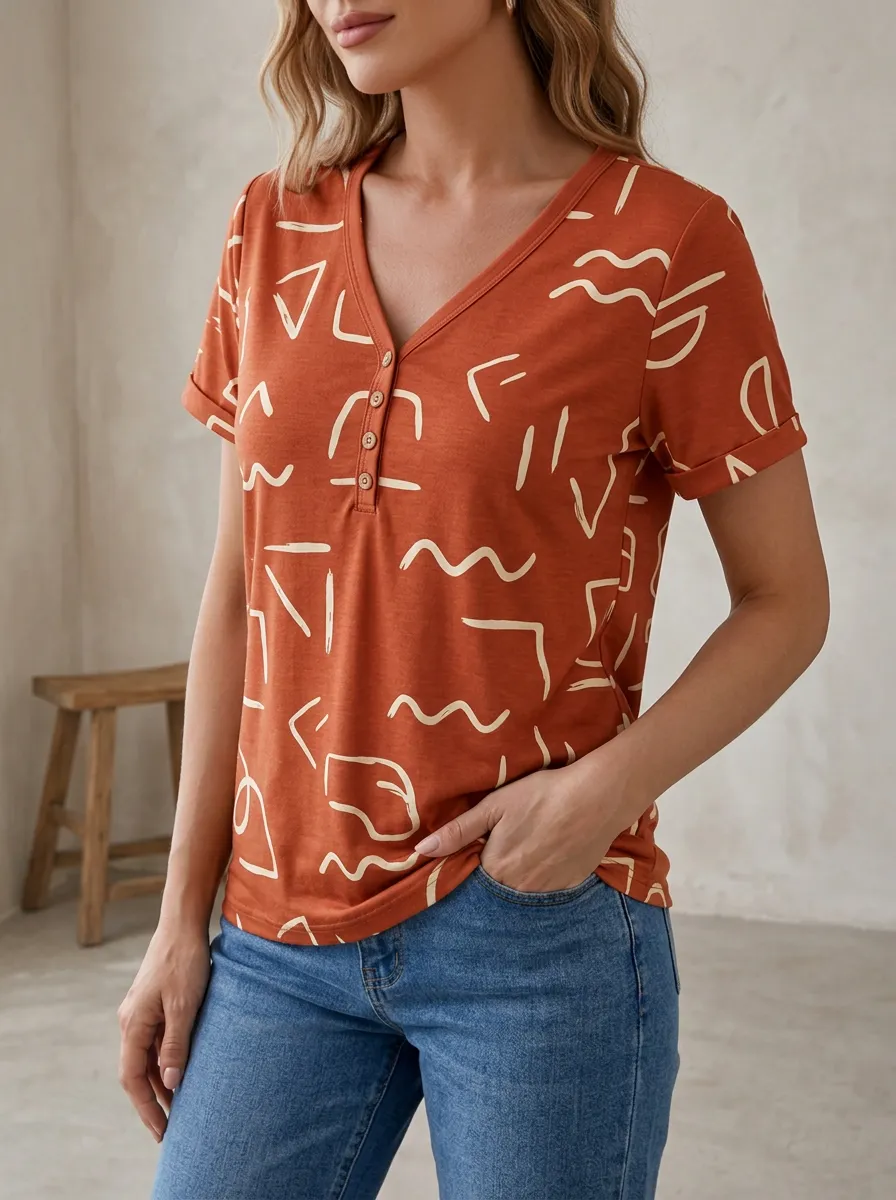 Women's Heritage Abstract Geometric Pattern Printed Button V-Neck T-Shirt