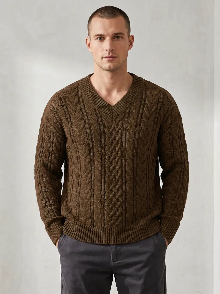 Men’s Ribbed Cable-Knit V-Neck Versatile Sweater