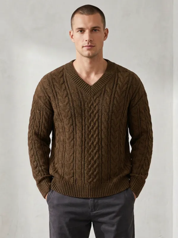 Men’s Ribbed Cable-Knit V-Neck Versatile Sweater