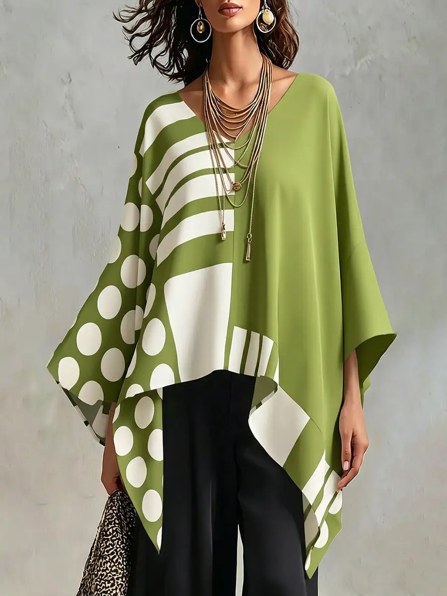 Batwing Sleeve Long Sleeve Contrast Polka Dot Print Round Neck T-Shirt