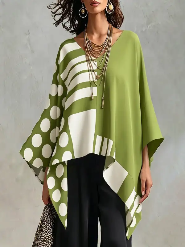 Batwing Sleeve Long Sleeve Contrast Polka Dot Print Round Neck T-Shirt