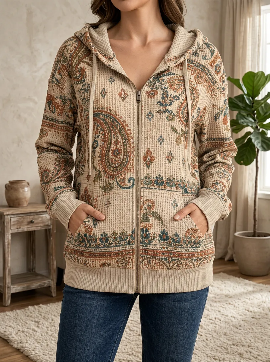 Women's Boho Paisley Pattern Signature Design Waffle Zip-Up Hoodie