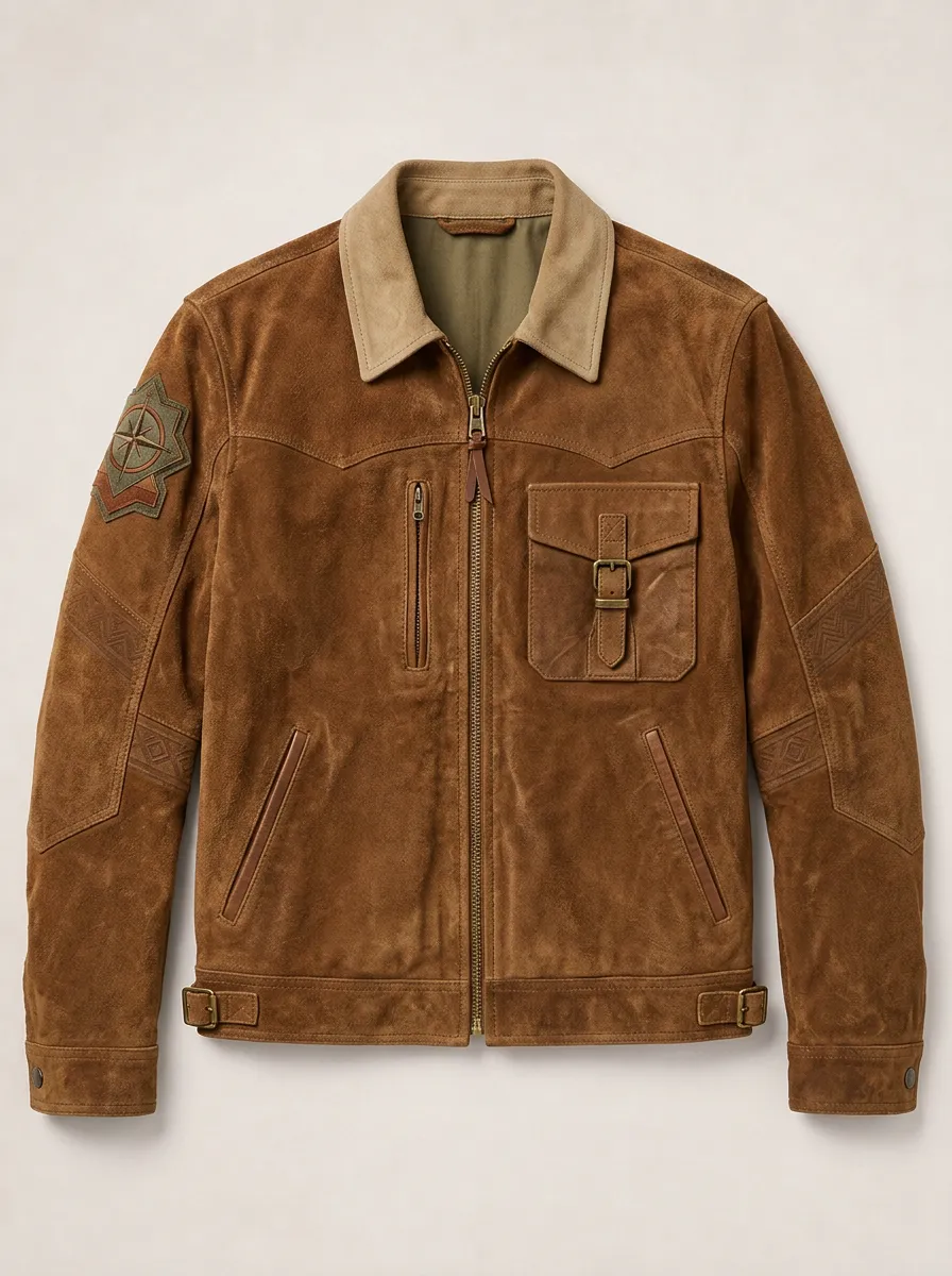 Men's Vintage Compass Patch Suede Printed Jacket