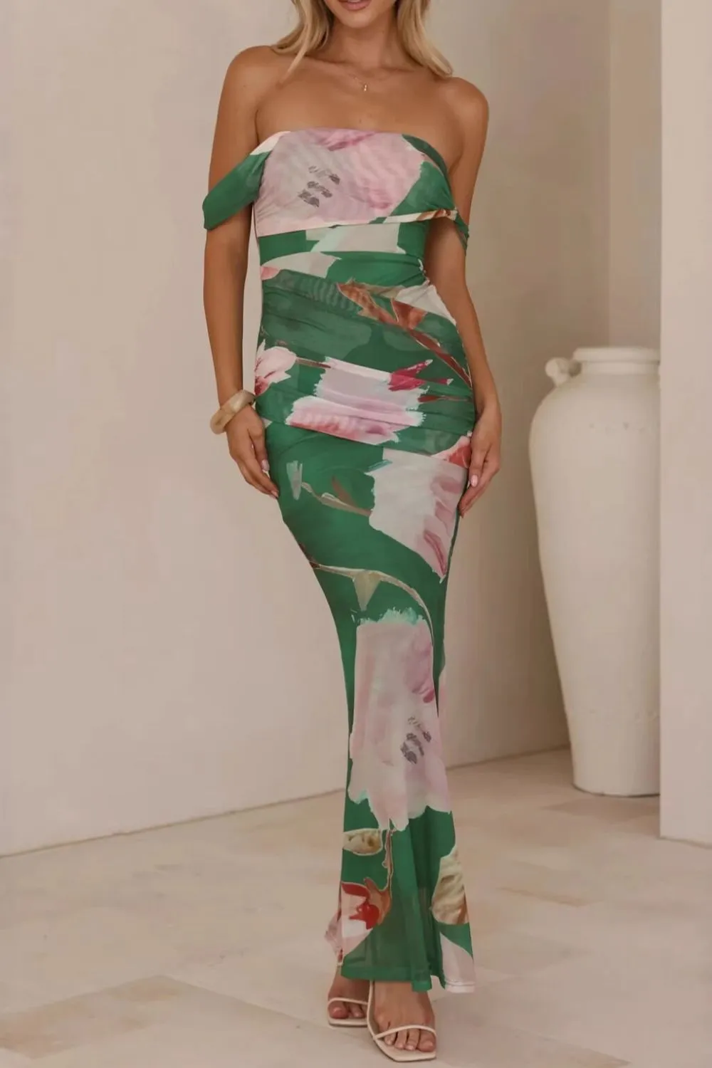 Classic Floral Print One Shoulder Ruched Maxi Dress