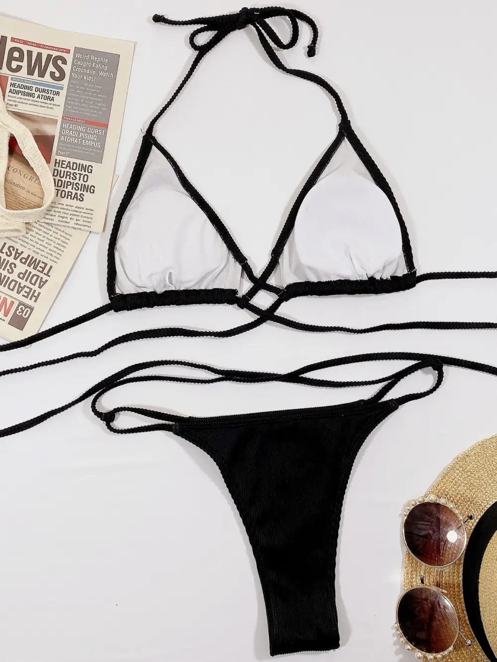 Halter Neck Crisscross Ribbed Bikini Swim Set