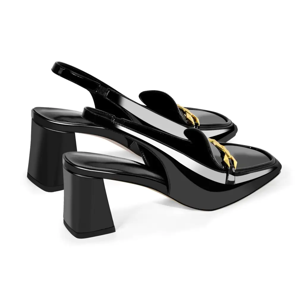 Patent Finish Square Toe Chunky Heel Slingback Pumps